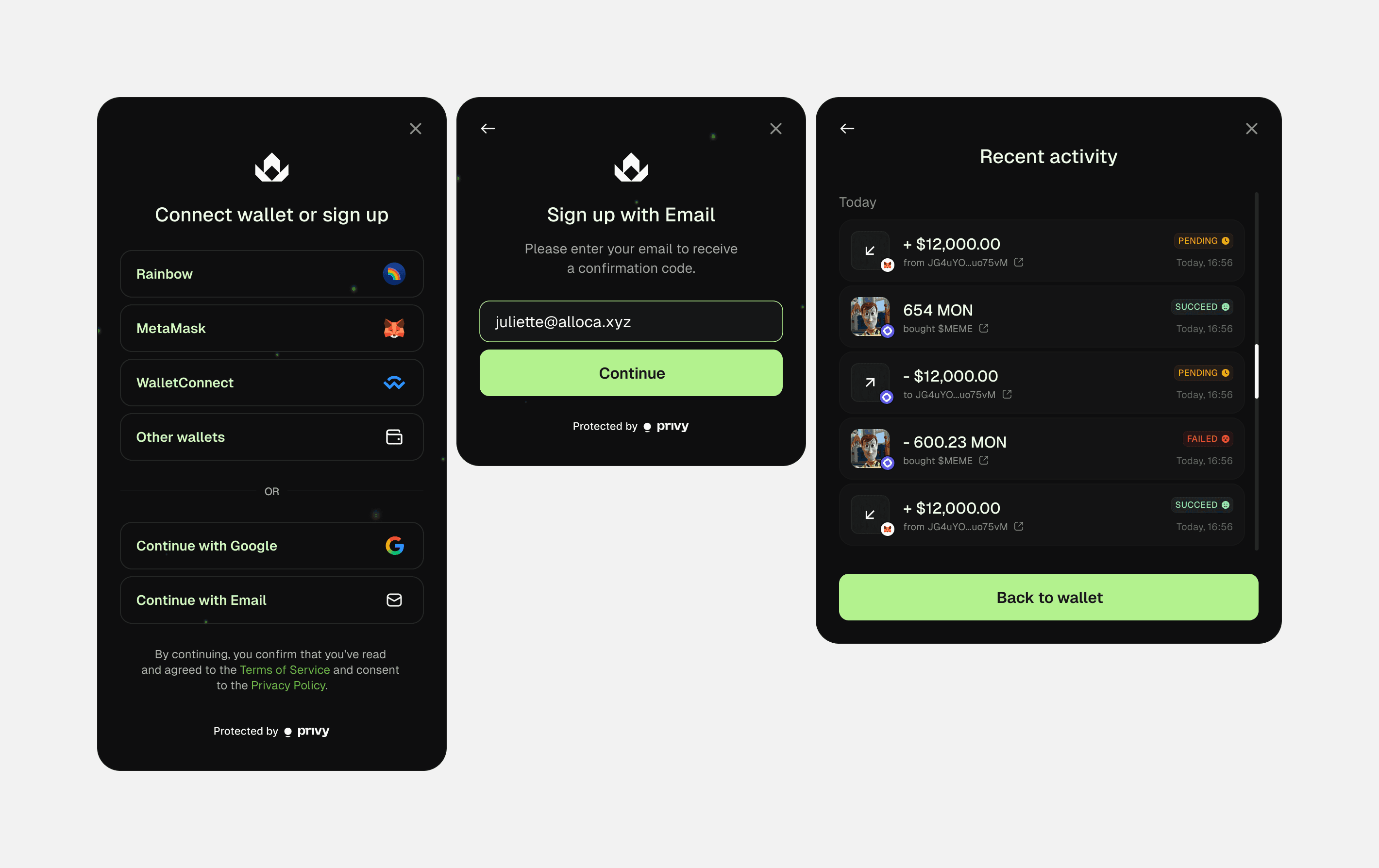 Wallet connection and activity states